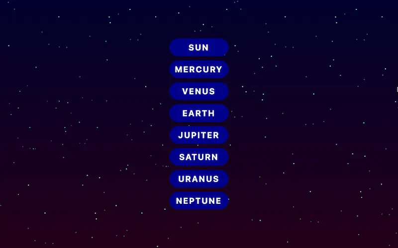 Interactive hover menu with planets that display their names when hovered